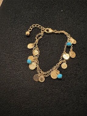 Gold Coin Charm Bracelet with Turquoise Beads - Women's Jewelry